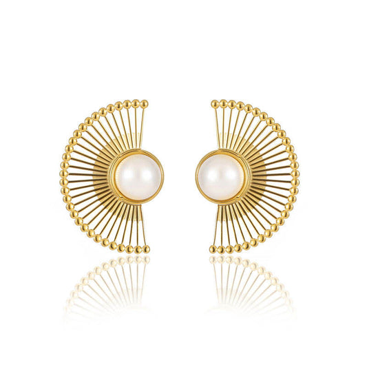 Women's Luxury Fine Jewelry Stainless Steel Fade-Resistant Sector Pearl Gold Earrings for Party Wholesale Bulk Supply