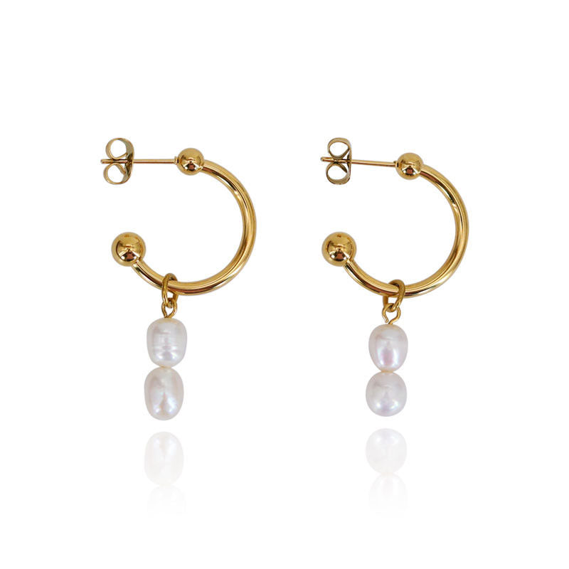 Wholesale High Quality Stainless Steel Fresh Water Pearl Pendant Earrings Trendy Gold Plated