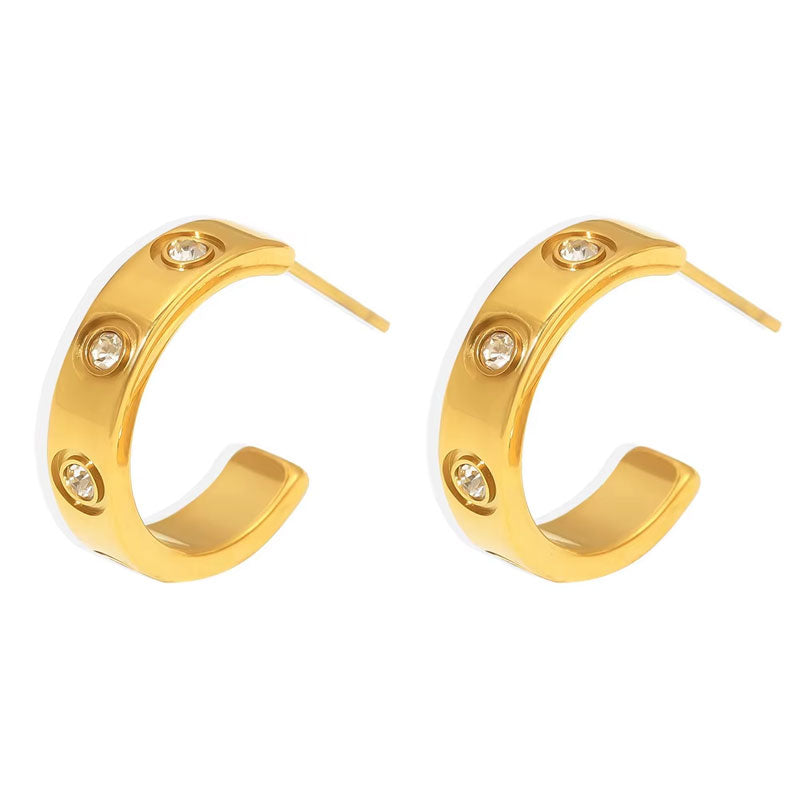 High Quality Fashion Jewelry 18K Gold Stainless Steel Luxury Brand C Hoop Earrings Classic Inlaid Zircon Love Earrings Women Men