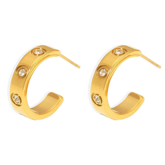 High Quality Fashion Jewelry 18K Gold Stainless Steel Luxury Brand C Hoop Earrings Classic Inlaid Zircon Love Earrings Women Men
