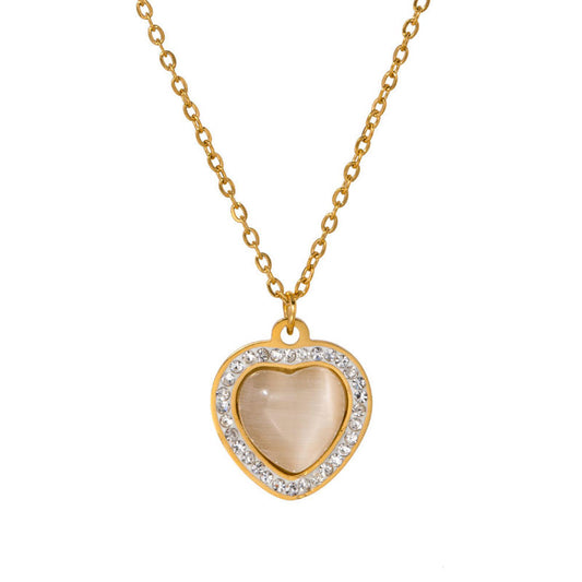 Simple Retro cat Eye Stone Heart-shaped Pendant Necklace with a High-end and Fashionable Heart Titanium Steel Lock Chain