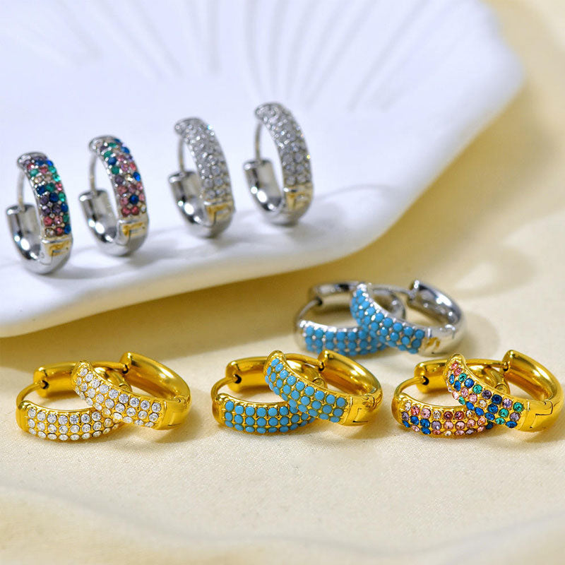 New 18K Gold Cool Style Inlaid Colorful Zircon Plain Ring Earrings, Versatile and Fashionable Earrings Accessories for Women