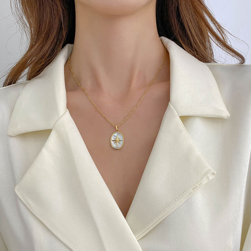 French Vintage Style Octagonal Oval White Shell Fritillaria Necklace Versatile Collar Chain Women's Stainless Steel Gold Gift