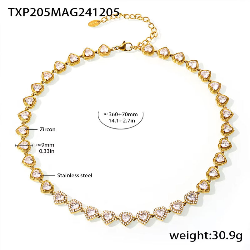 PVD 18K Gold Plated Shiny Zirconia Pave Heart Stainless Steel Necklace Luxury Party Necklace Bracelet Set