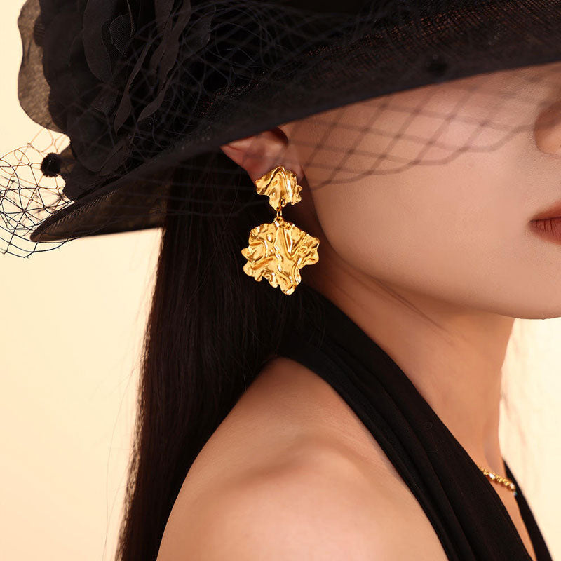 Customize Trend Jewelry Hammer Pleated Leaves Exaggerated Drop Earrings Stainless Steel Women Jewelry Manufacturer