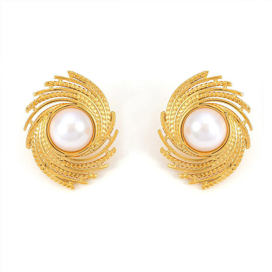 18K Gold Chic Wind Braided Texture Stud Earrings New Geometric Thread Insert Imitation Pearl for Female Stainless Steel Plated
