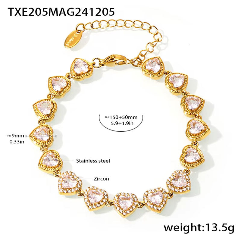 PVD 18K Gold Plated Shiny Zirconia Pave Heart Stainless Steel Necklace Luxury Party Necklace Bracelet Set