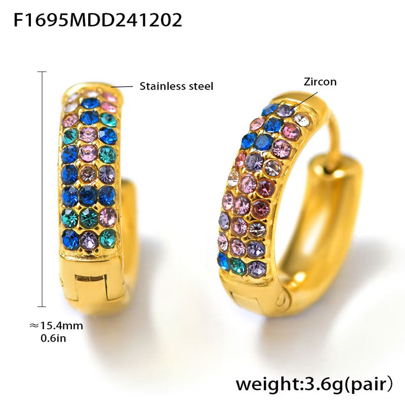 New 18K Gold Cool Style Inlaid Colorful Zircon Plain Ring Earrings, Versatile and Fashionable Earrings Accessories for Women