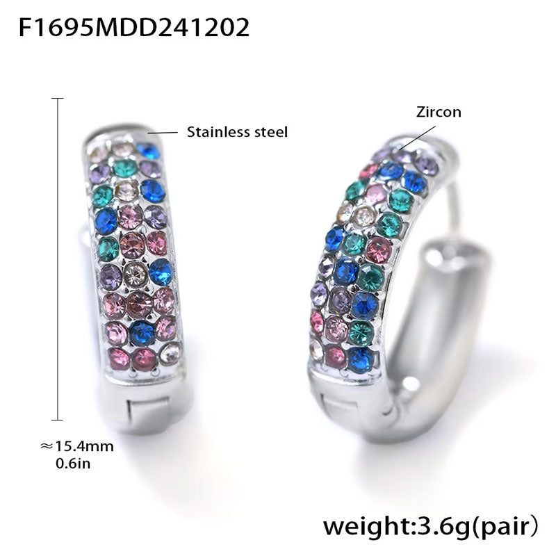 New 18K Gold Cool Style Inlaid Colorful Zircon Plain Ring Earrings, Versatile and Fashionable Earrings Accessories for Women