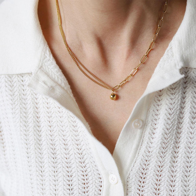Elegant Gold Ball Charm Necklace 18K Gold Plated Double Layer Stainless Steel Beads Chain Necklace for Women