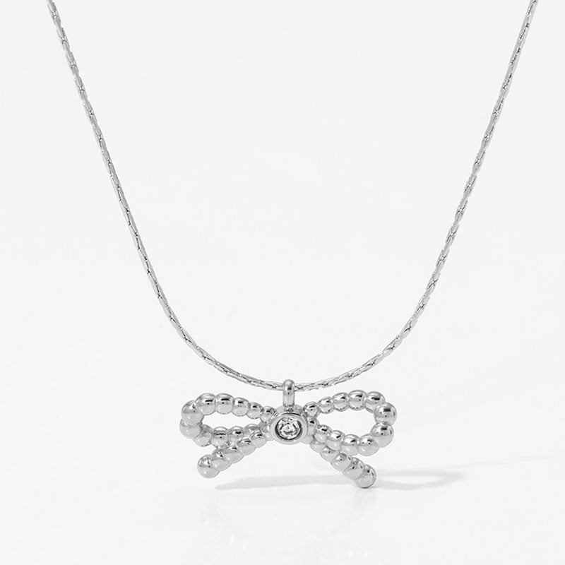 Waterproof Stainless Steel Gold Plated Minimal Cute Sweet Bowknot Style Pendant Necklace for Women Girl