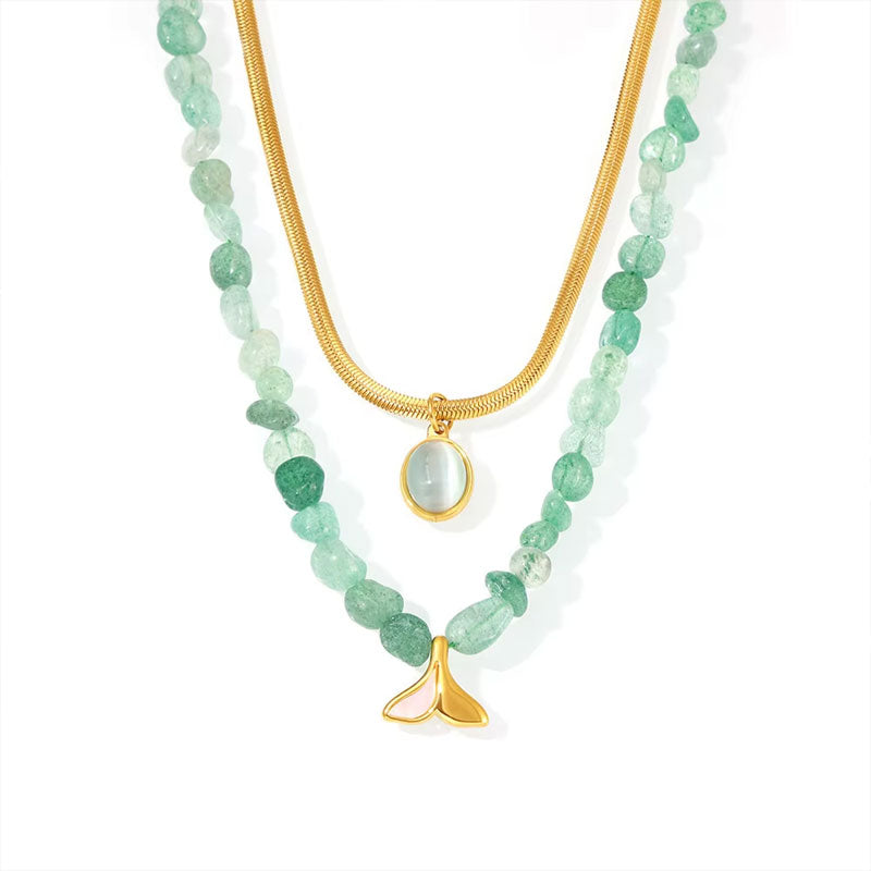 European and American Hot Double Layer Stainless Steel Necklace Turquoise Natural Stone Beaded Chocker Necklace for Women