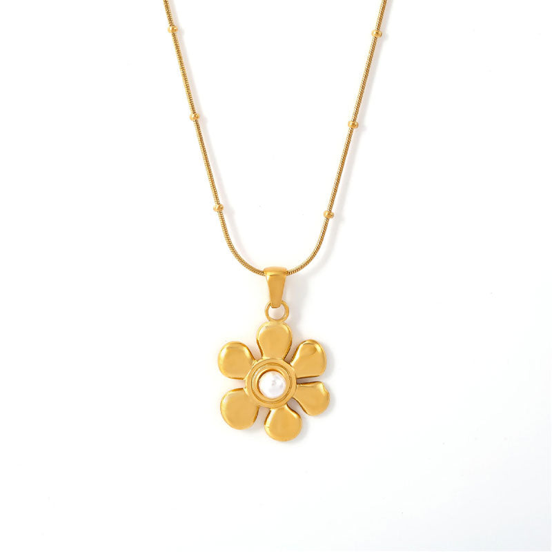 PVD 18k Gold Plated Imitation Pearl Chains Pretty Flower Pendant Necklace for Women