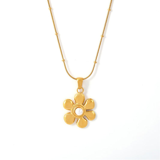 PVD 18k Gold Plated Imitation Pearl Chains Pretty Flower Pendant Necklace for Women
