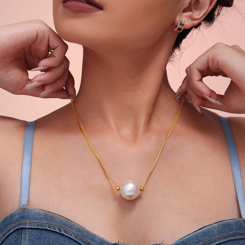 Stainless Steel 18k Gold Plated Pearl Jewelry 9mm Shell Pearls Snake Chain with Pearl Pendant for Women