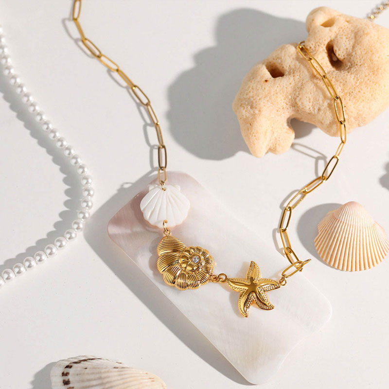 18k Gold Plated Starfish Conch Shell Seashell Fashion Paperclip Necklace Hypoallergenic Trendy Style Stainless Steel for Women