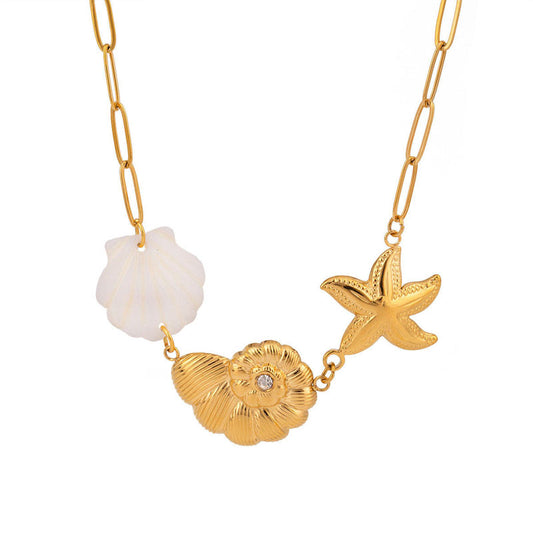 18k Gold Plated Starfish Conch Shell Seashell Fashion Paperclip Necklace Hypoallergenic Trendy Style Stainless Steel for Women