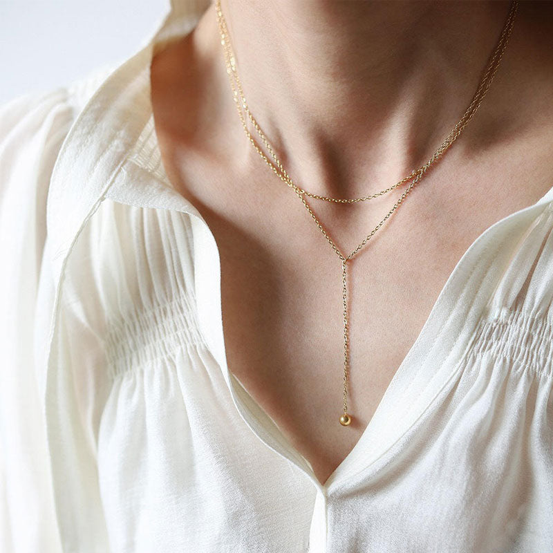 Classic Jewelry 18K Gold Plated Stainless Steel Simple Oval Beads Chain Double Layer Ball Pendant Necklace