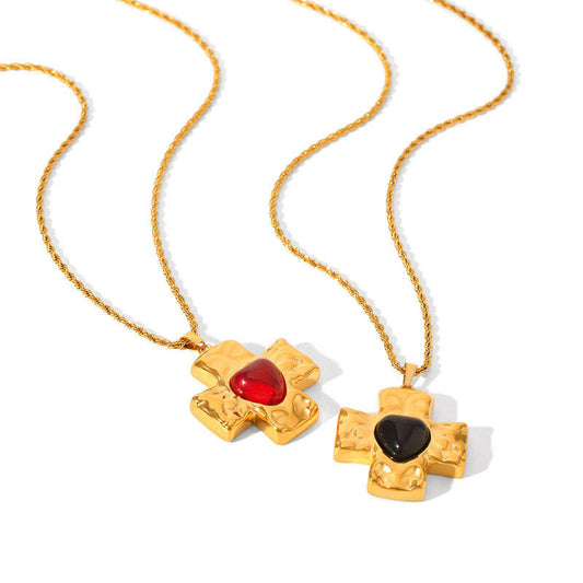 Korean Elegant Stainless Steel with Pendant Natural Stone Fashion 14K Gold Filled Heart Cross Necklaces for Women Girls
