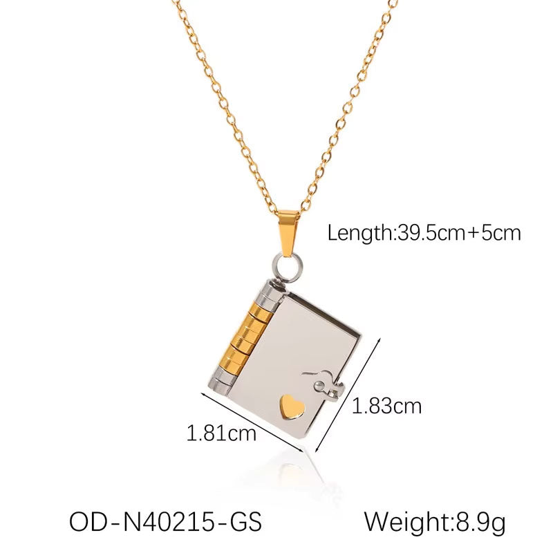 Long Charm Necklace Jewelry Stainless Steel Non Tarnish PVD 18K Real Gold Plated Book Necklace for Women Men Girls
