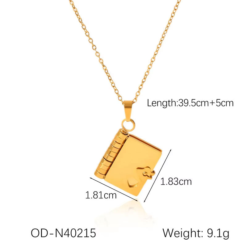 Long Charm Necklace Jewelry Stainless Steel Non Tarnish PVD 18K Real Gold Plated Book Necklace for Women Men Girls