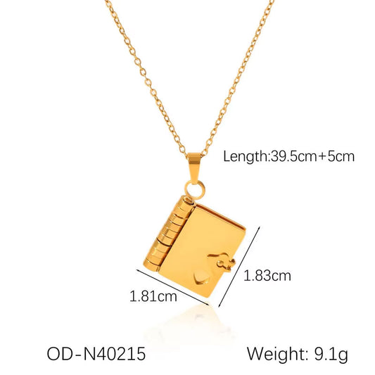 Long Charm Necklace Jewelry Stainless Steel Non Tarnish PVD 18K Real Gold Plated Book Necklace for Women Men Girls