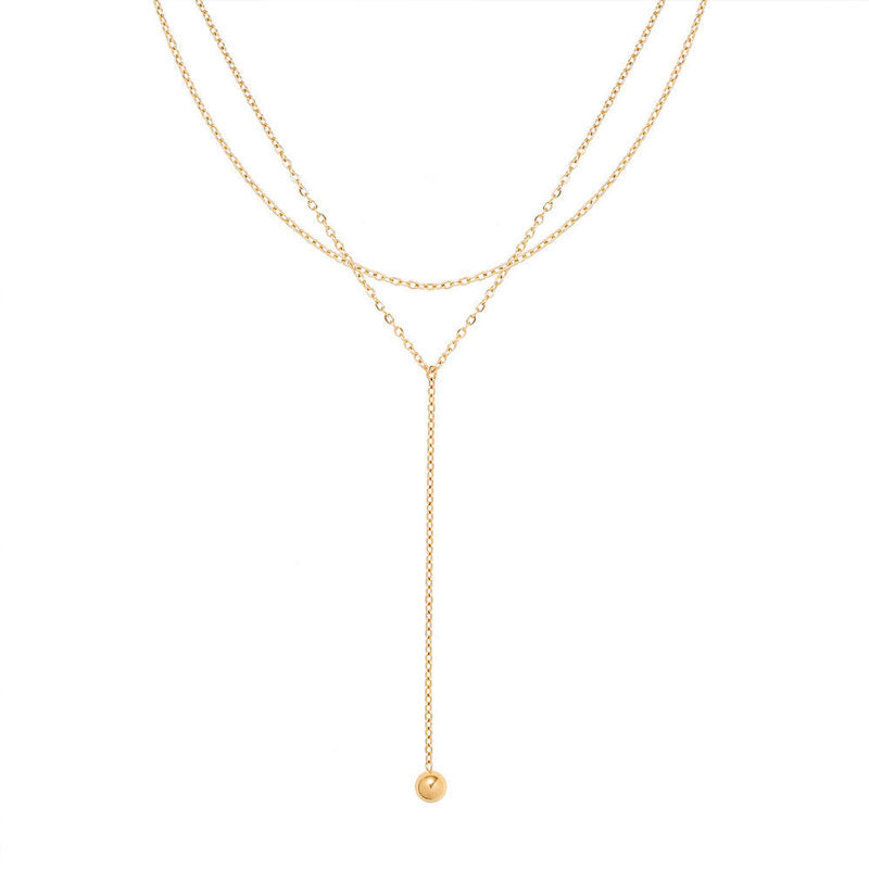 Classic Jewelry 18K Gold Plated Stainless Steel Simple Oval Beads Chain Double Layer Ball Pendant Necklace