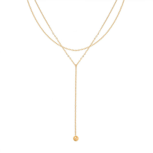 Classic Jewelry 18K Gold Plated Stainless Steel Simple Oval Beads Chain Double Layer Ball Pendant Necklace