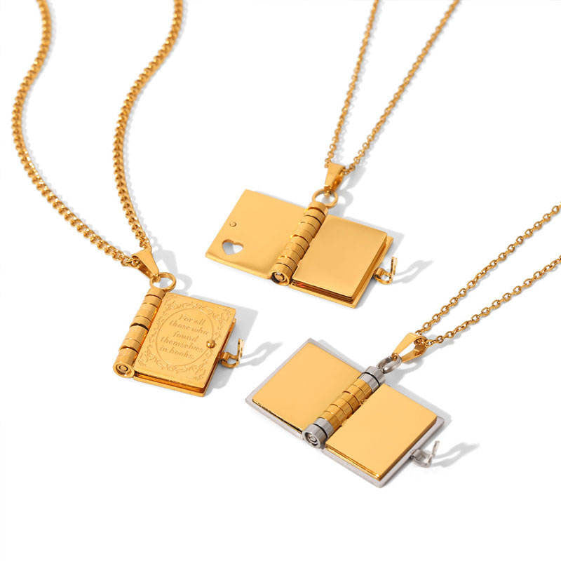Long Charm Necklace Jewelry Stainless Steel Non Tarnish PVD 18K Real Gold Plated Book Necklace for Women Men Girls