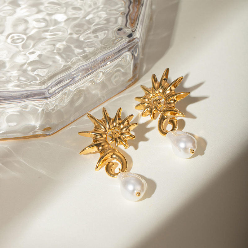 European and American Fashion 18k Gold Stainless Steel Earrings with Seahorse Thread Hanging Irregular Pearl Earrings