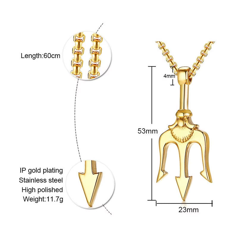 Europe and America Long Charm Necklace Jewelry Stainless Steel Non Tarnish PVD 18K Real Gold Plated Trident Necklace for Men