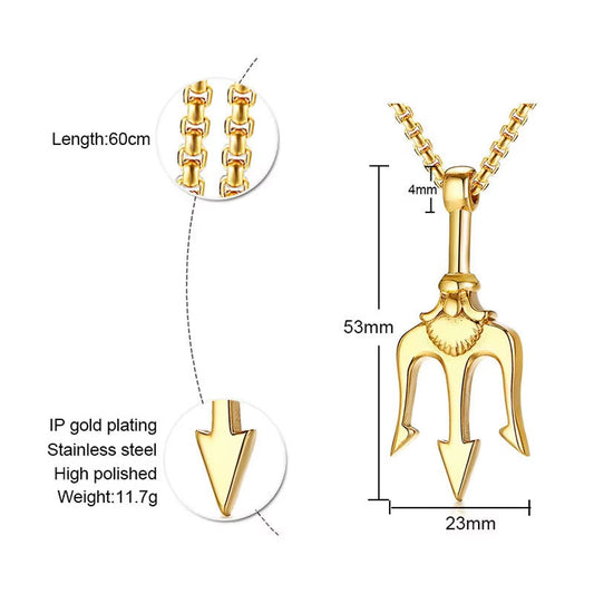 Europe and America Long Charm Necklace Jewelry Stainless Steel Non Tarnish PVD 18K Real Gold Plated Trident Necklace for Men