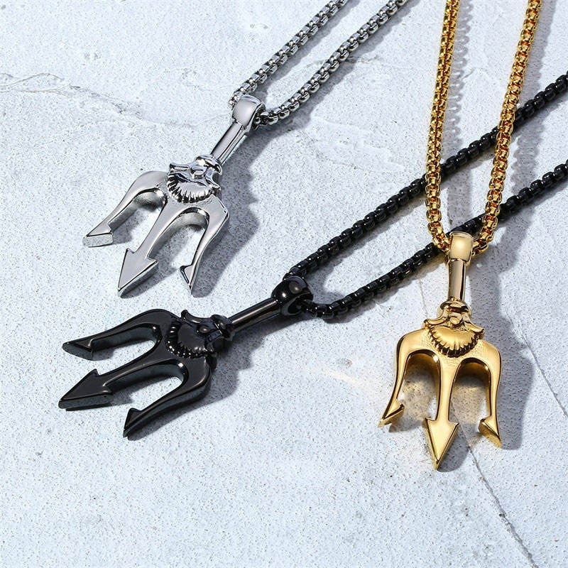 Europe and America Long Charm Necklace Jewelry Stainless Steel Non Tarnish PVD 18K Real Gold Plated Trident Necklace for Men