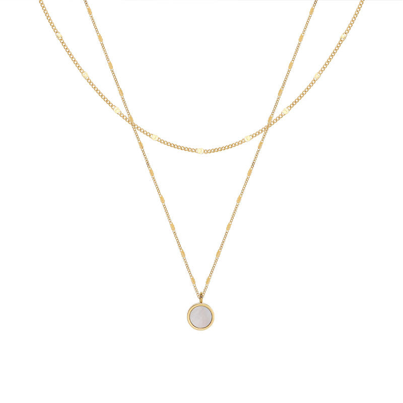 No Fade Stainless Steel Women 18K Gold Plated Double Layered Necklace White Shell Round Pendent Necklace