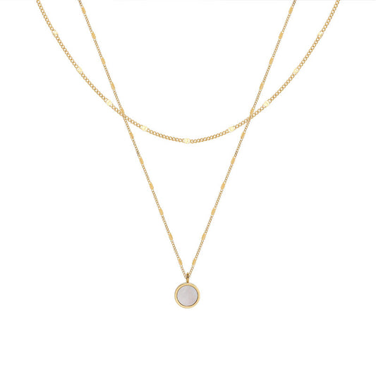 No Fade Stainless Steel Women 18K Gold Plated Double Layered Necklace White Shell Round Pendent Necklace