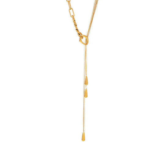 Stainless Steel Jewelry Dainty Flat Chain Y Tassel Pendant Bead Necklace 18K Gold Plated Stainless Steel Trendy Gift