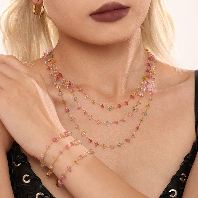 Bohemia Anti Tarnish Gold Necklace 18K Real Stainless Steel Colorful Crystal Traditional Necklace Set for Women Girls