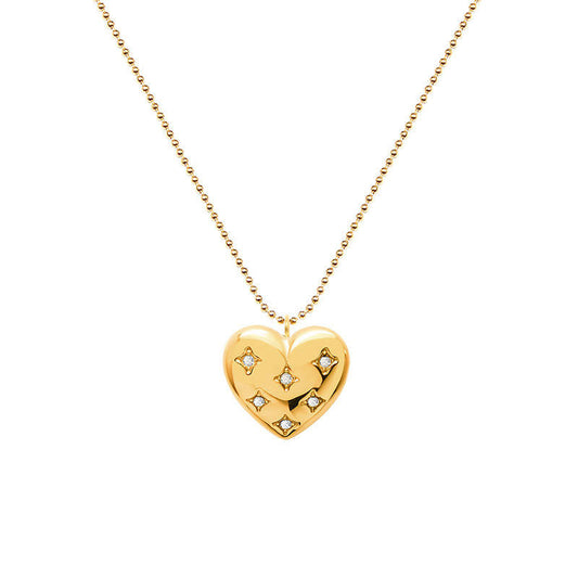 Elegant Korean Stainless Steel Necklace for Women Girls with 14K Solid Gold Heart Zirconia Pendant for Anniversary Occasions