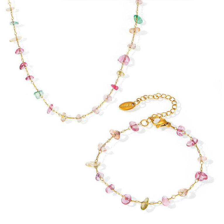 Bohemia Anti Tarnish Gold Necklace 18K Real Stainless Steel Colorful Crystal Traditional Necklace Set for Women Girls