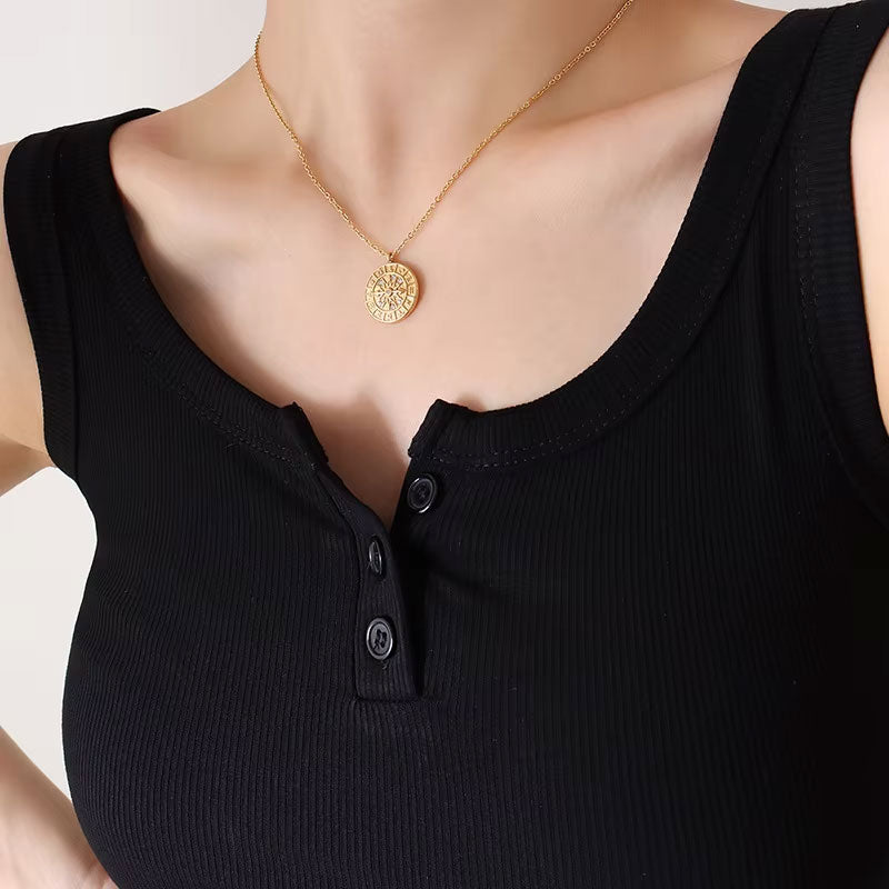 Round Inlaid Zircon Pendant Jewelry Horoscope Necklace 316 L Stainless Steel Women