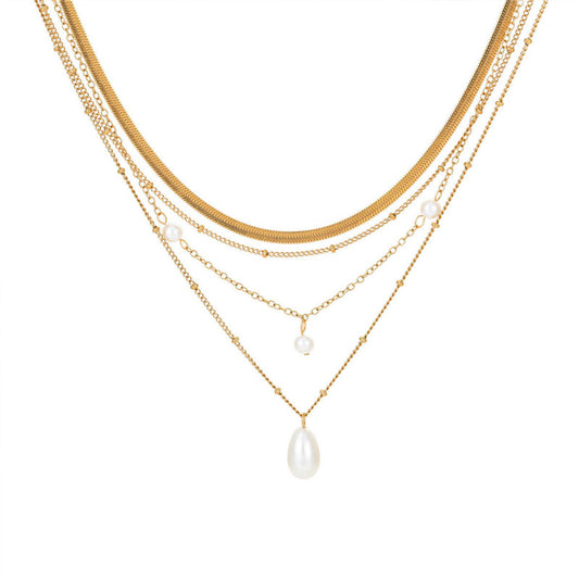 Elegant 18k Gold Plated Multi-Layer Teardrop Pearl Fine Jewelry Necklaces Stainless Steel Fashion Pendant Necklaces for Women