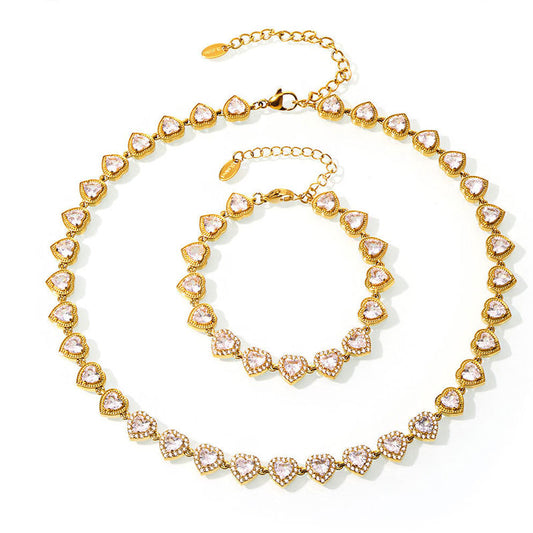 PVD 18K Gold Plated Shiny Zirconia Pave Heart Stainless Steel Necklace Luxury Party Necklace Bracelet Set