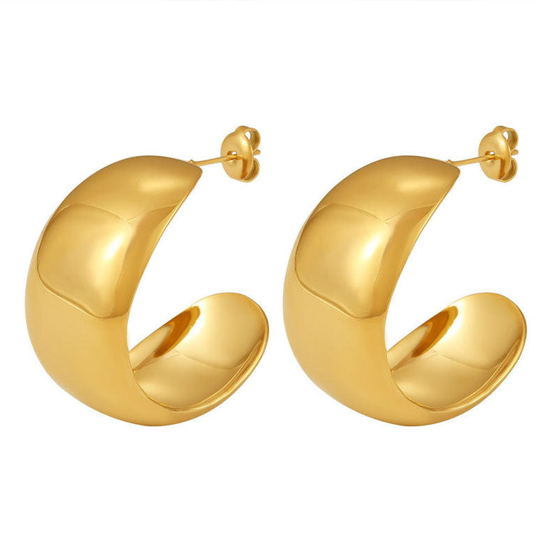 Stainless Steel Color Gold Simple Women Hoops Earrings Gift Fashion Jewelry Stainless Wives Round Smooth Thick Hoop