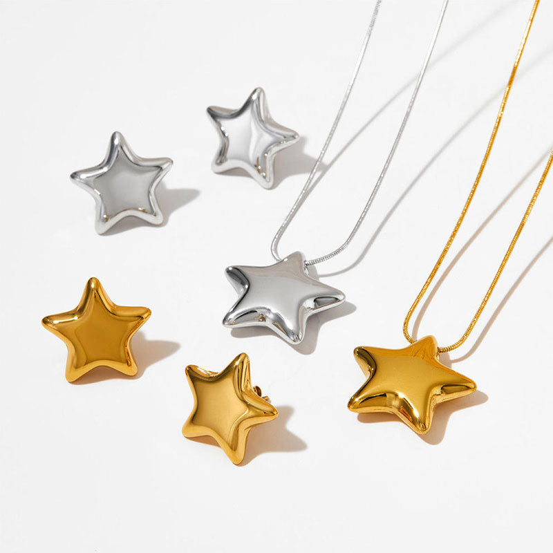 High Polishing Lightweight Gold Plated Star Shape Pendant Long Necklace and Earrings Set for Women's Anniversary Jewelry