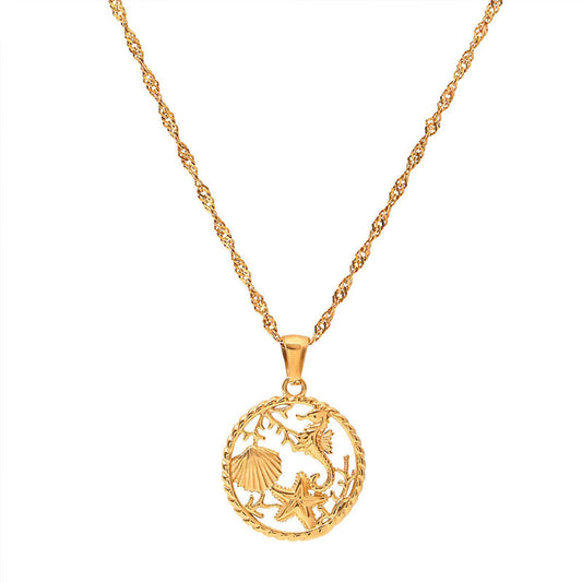 Fashionable and Minimalist 18k Gold Stainless Steel Starfish Seahorse Scallop Seagrass Pendant Ocean Necklace Women's Jewelry