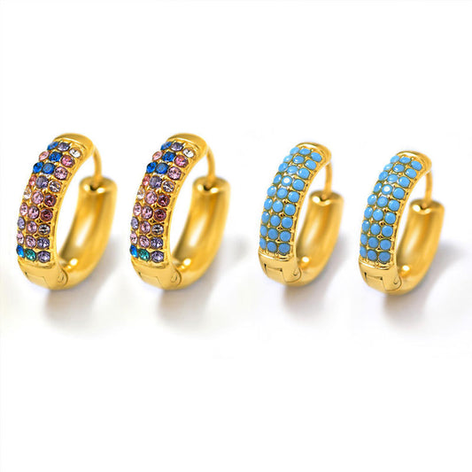 New 18K Gold Cool Style Inlaid Colorful Zircon Plain Ring Earrings, Versatile and Fashionable Earrings Accessories for Women