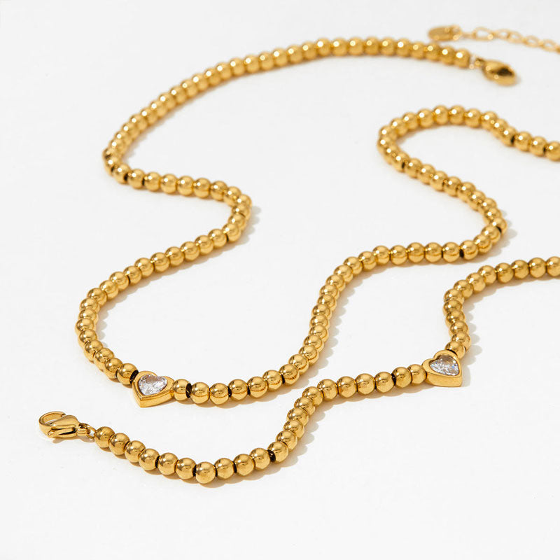 Women's Romantic Fashion Jewelry Waterproof Real Gold Plated Stainless Steel Bead Ball Heart Zircon Crystal Necklace Bracelet