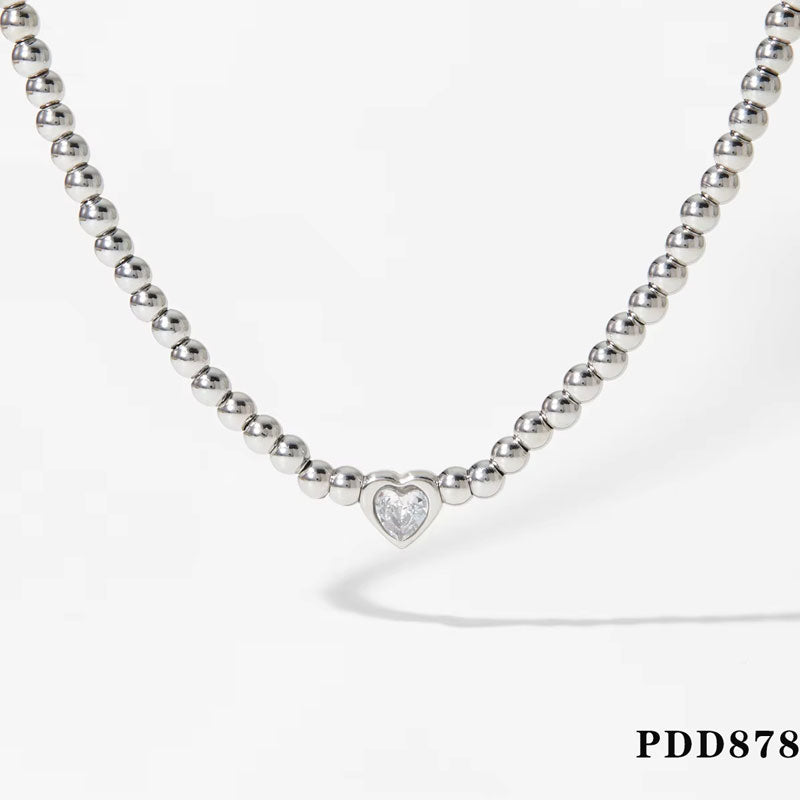 Women's Romantic Fashion Jewelry Waterproof Real Gold Plated Stainless Steel Bead Ball Heart Zircon Crystal Necklace Bracelet