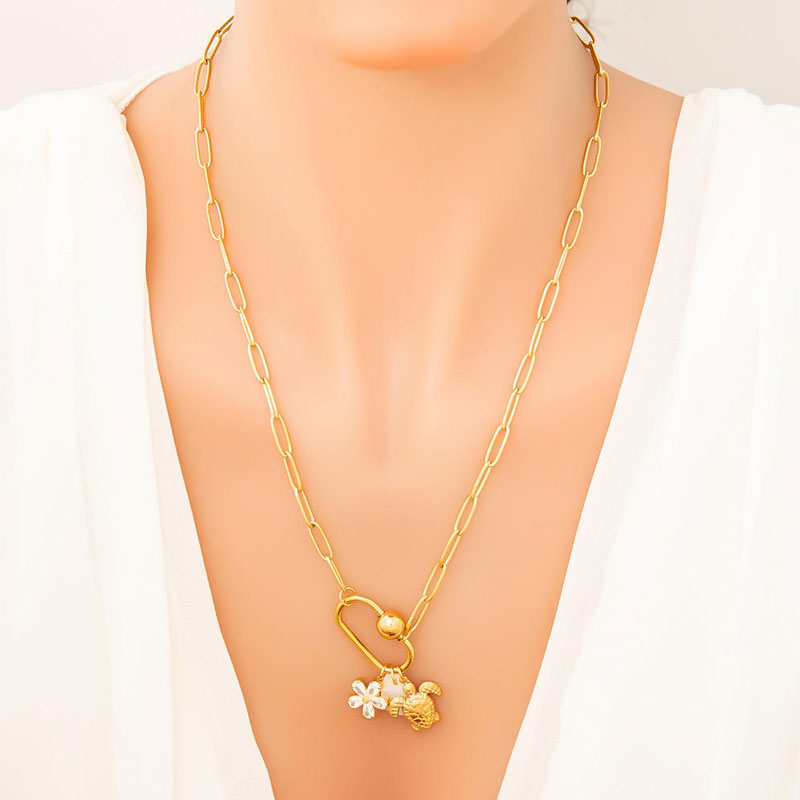 Wholesale Trendy 18K Gold Plated Turtle Charm Pendant Necklace Classic Simple Heart Shape Stainless Steel Chain Pearl Fashion