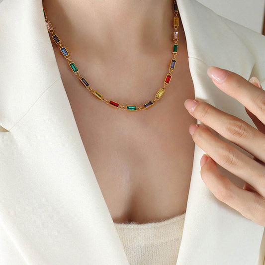 Korean Elegant Stainless Steel Zircon Necklace Fashion 14K Solid Gold Rainbow Tennis Necklace Bracelet Set for Women Girls